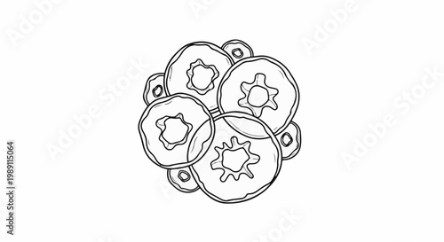 Close up line drawing of sliced blueberries or similar berries in a cluster