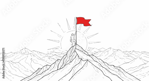 Climber plants red flag on mountain summit with sunburst