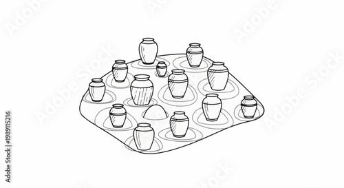 Cluster of decorative pottery vessels on a textured surface with concentric circles