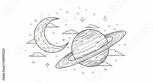 Crescent moon and ringed planet float among clouds and stars