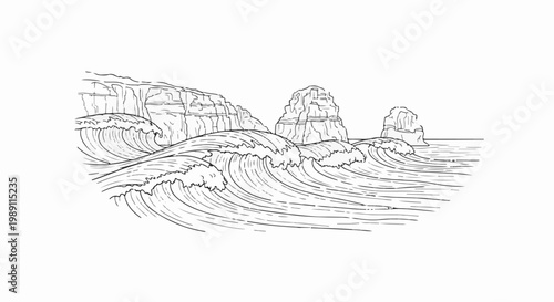 Crashing waves against rugged cliffs and sea stacks under a clear sky