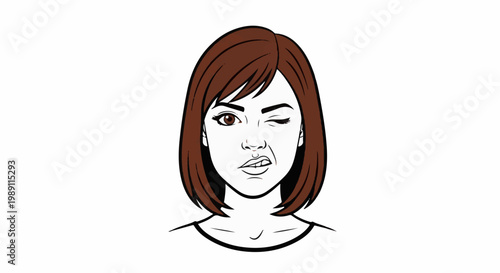 Comic style illustration of a woman with brown hair winking and smirking
