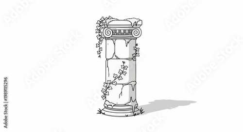 Crumbling ancient column entwined with ivy, casting a shadow