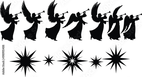 Angel silhouette set with trumpets and star shapes, celestial Christmas elements collection, religious holiday illustration isolated on white background
