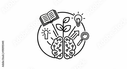 Conceptual graphic shows brain, plant, book, lightbulbs, magnifying glass, arrow