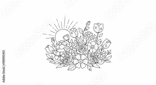 Delicate floral arrangement with blooming flowers and a rising sun