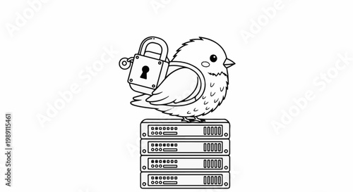Cute cartoon bird with a lock on its back, perched on servers
