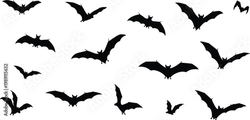 Bat silhouettes vector set, flying nocturnal animals collection, spooky Halloween design elements, black winged creatures isolated on white background