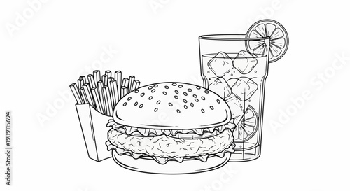 Delicious meal with a juicy burger, golden fries, and refreshing iced drink