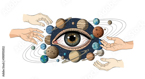 Eye Surrounded by Hands and Planets.