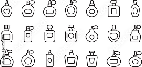 Perfume Bottle Icon Set Minimalist Fragrance Glass Spray Line Art Vector Illustration