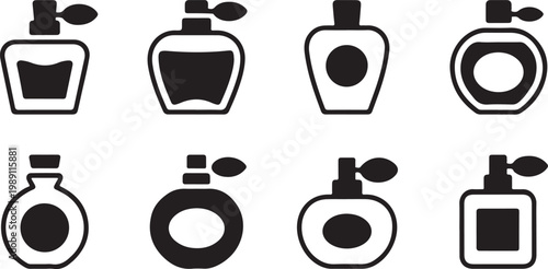 Black Silhouette Perfume Bottle and Luxury Fragrance Icon Set vector design on transparent background.