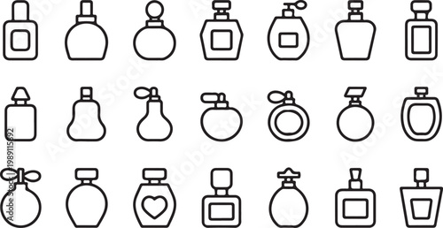 Perfume Bottle Icon Set Minimalist Fragrance Glass Spray Line Art Vector Illustration