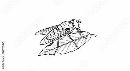 Detailed black and white illustration of a large fly resting on a leaf