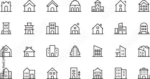 Set of Modern Minimalist House and Building Thin Line Icons