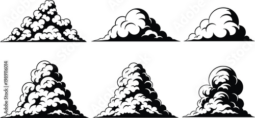 Cartoon cloud smoke explosion vector set, comic style dust clouds, puff effects collection, black white illustration isolated on background