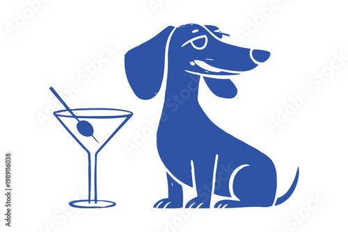 Dachshund dog silhouette sitting next to martini glass with olive.