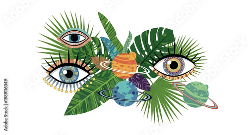 Eyes made of green tropical leaves.
