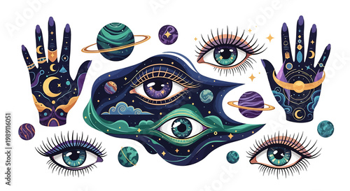 Eyes and hands with celestial designs.