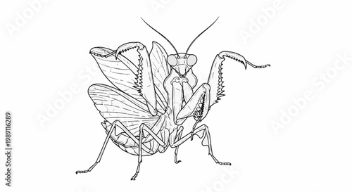 Detailed black and white illustration of a praying mantis with spread wings