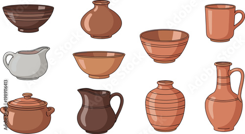 Handcrafted Pottery Collection Featuring Bowls, Vases, and Jugs, Vector Illustration for Ceramic Art, Pottery Design, and Craftsmanship