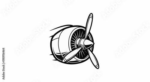 Detailed black and white illustration of a propeller aircraft engine with three blades