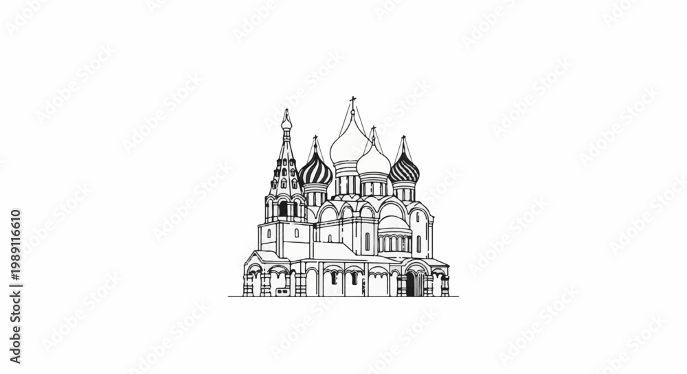 Obraz premium Detailed line art sketch of an iconic onion-domed cathedral