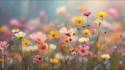 Vibrant field of colorful cosmos flowers in soft focus with delicate pink, yellow, and white blooms.