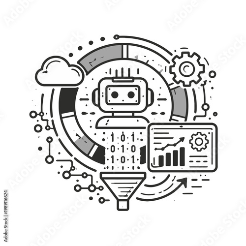 AI robot processing digital data flows through automation and cloud integration, yielding valuable insights for strategic decision-making and technological advancements in modern systems