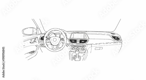 Detailed sketch of a modern car interior, focusing on the dashboard, steering wheel, and gear shift
