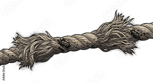 Close-up of a frayed rope about to break, isolated on white background