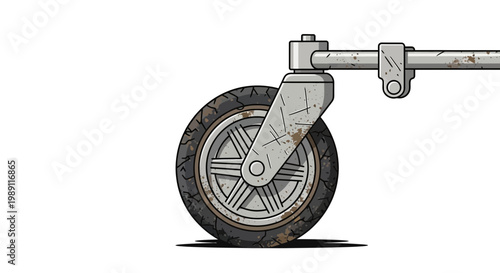 Close-up of a rusty metal wheel with a caster fork and extension arm, isolated on white.