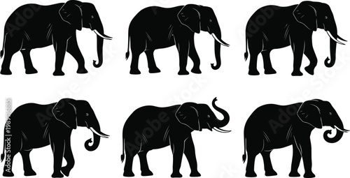 Elephant silhouette set, wild animal collection with different poses and trunk positions, African wildlife illustration isolated on white background