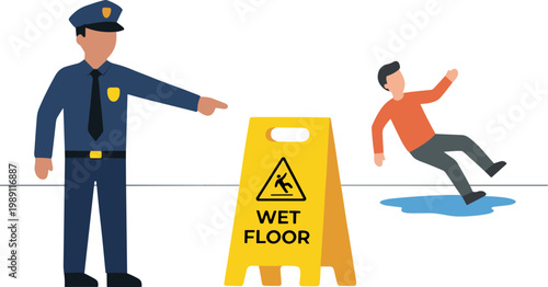 Police officer points at a man slipping on a wet floor with a caution sign