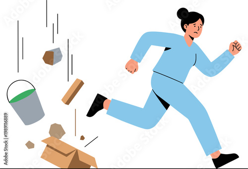 A woman runs away from trash and debris on the ground outside.