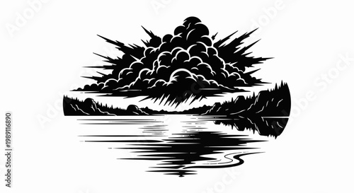 Dramatic cloudburst over a serene lake with mirrored reflection