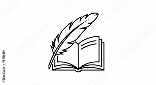 Feather quill pen writing in an open book