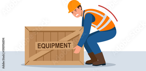 Man lifting heavy wooden equipment box in warehouse setting carefully
