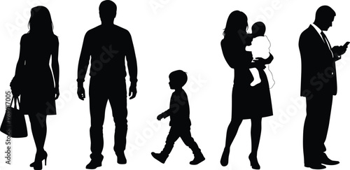 Family people silhouette set, mother father child and baby figures, modern lifestyle characters isolated on white background, daily life illustration