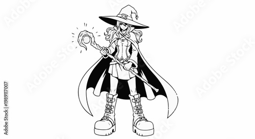 Female witch character in a pointed hat, cape, and tall boots, holding staff