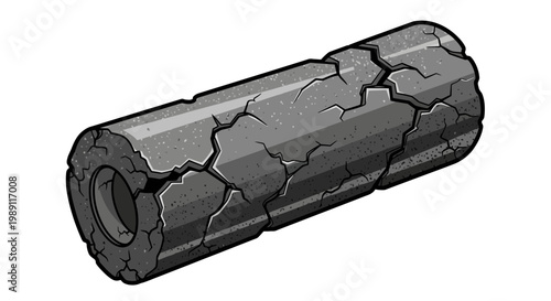 Cracked stone cylinder, ancient artifact, weathered texture