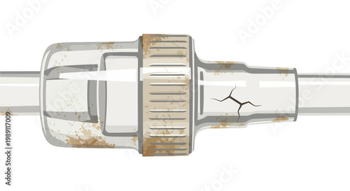 Damaged plastic pipe connector with cracks and rust stains