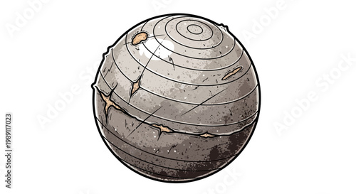 Cracked stone sphere with concentric circles, ancient artifact