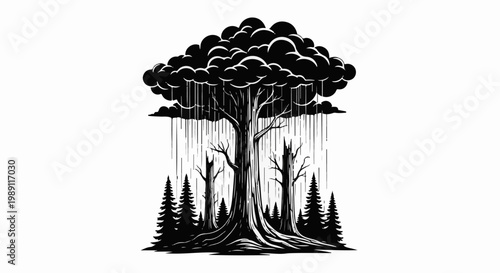 Dramatic storm clouds loom over a stark forest scene with bare trees