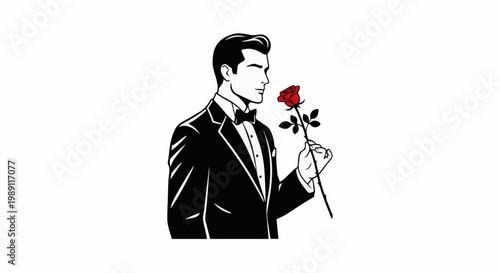 Elegant man in tuxedo smells a red rose