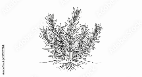Detailed line drawing of a healthy rosemary plant with prominent roots