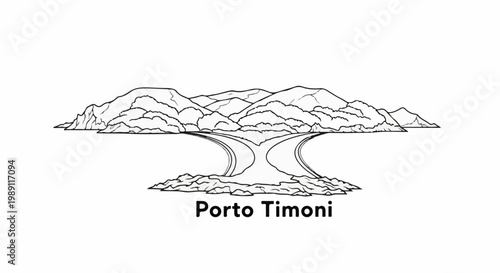 Drawing of mountains above a forked road leading to the sea