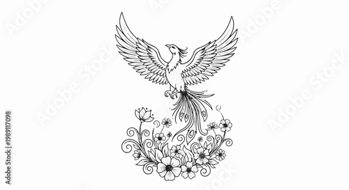 Elegant phoenix with spread wings rises from a decorative floral bouquet