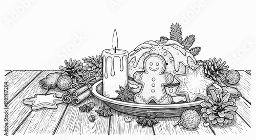 Festive holiday spread with a cake, cookies, cinnamon, pinecones, and a candle