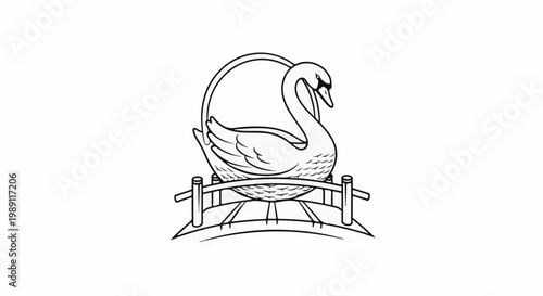 Elegant swan gracefully poised on a decorative bridge under a circular frame